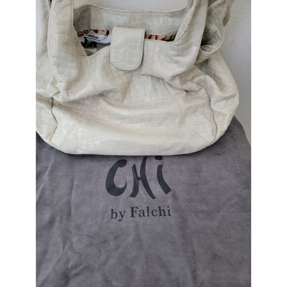 CHI By Carlos Falchi Croc Embossed Beige Leather Hobo Shoulder Bag w/ Dustbag - Picture 10 of 11